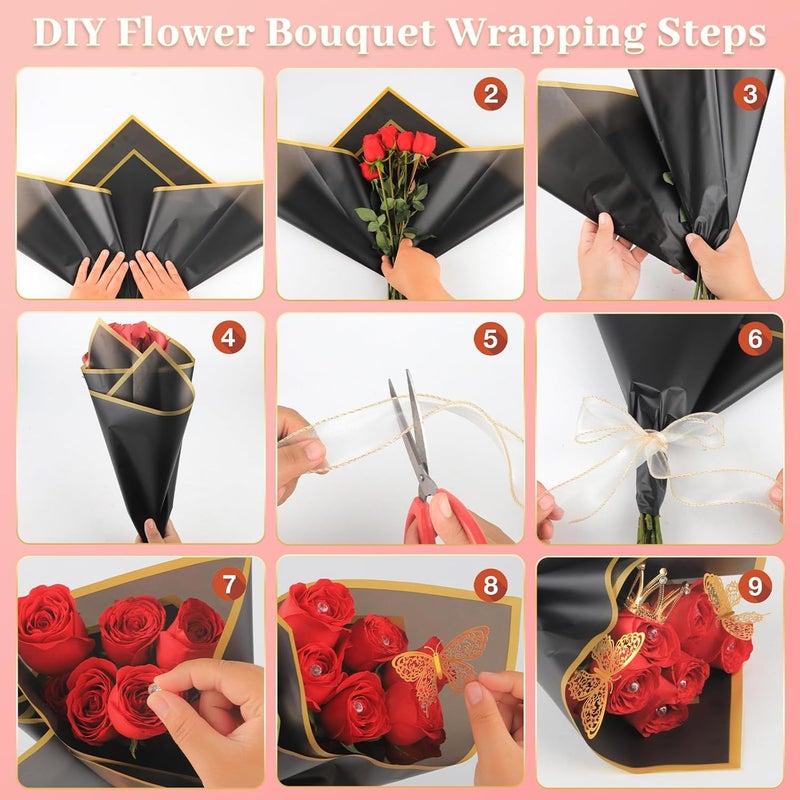 Besuper 52Pcs Flower Bouquet Wrapping Paper Kit, 20 Sheets Black Waterproof Floral Wrapping Paper, 1 Letter 1 Rhinestone Sticker, 12 Gold 12 Pink Butterflies, 5 Cards, 1 Black Ribbon (Gold Edge) - Image 4